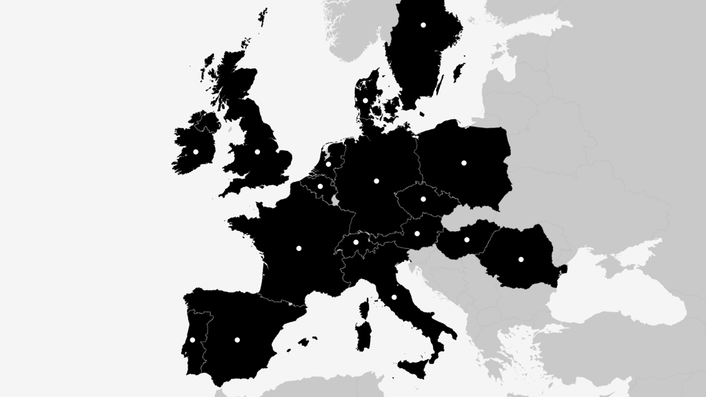 Map of Europe with a marker on each country Healf ships to
