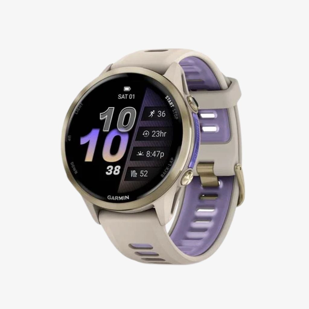 Forerunner® 970, Soft Gold Titanium with French Grey Case and French Grey/Translucent Indigo Band
