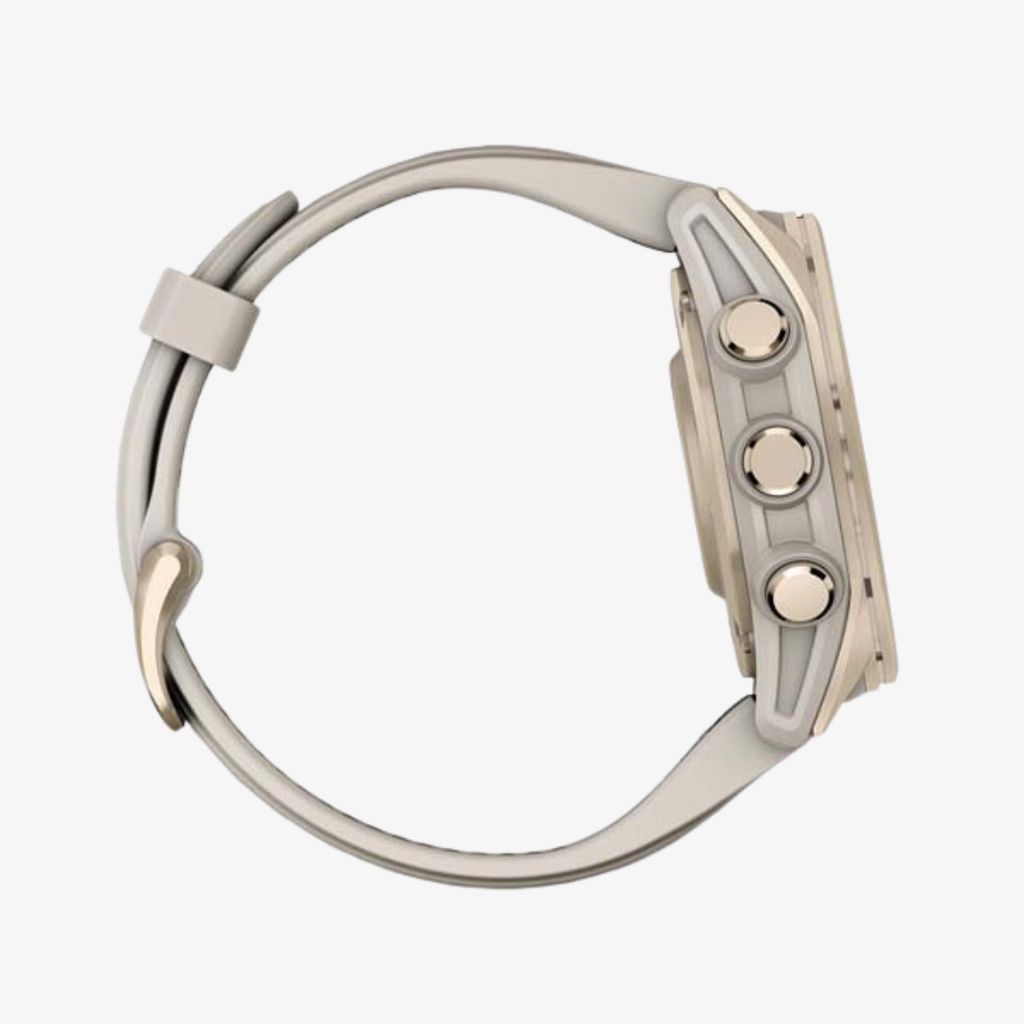 fēnix® 8 - 43 mm AMOLED, Sapphire, Soft Gold with Fog Grey/Dark Sandstone Silicone Band - Image 4