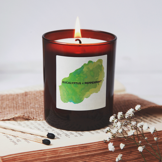 Amber glass candle: eucalyptus + peppermint