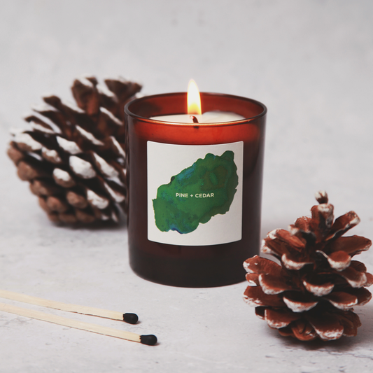 Amber glass candle:  pine + cedar