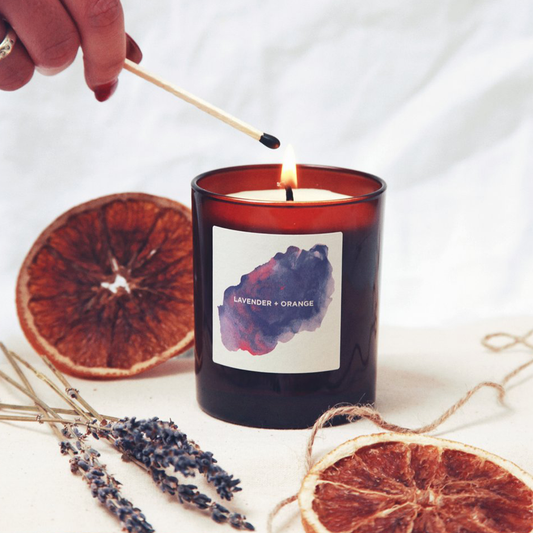 Amber glass candle: lavender + orange