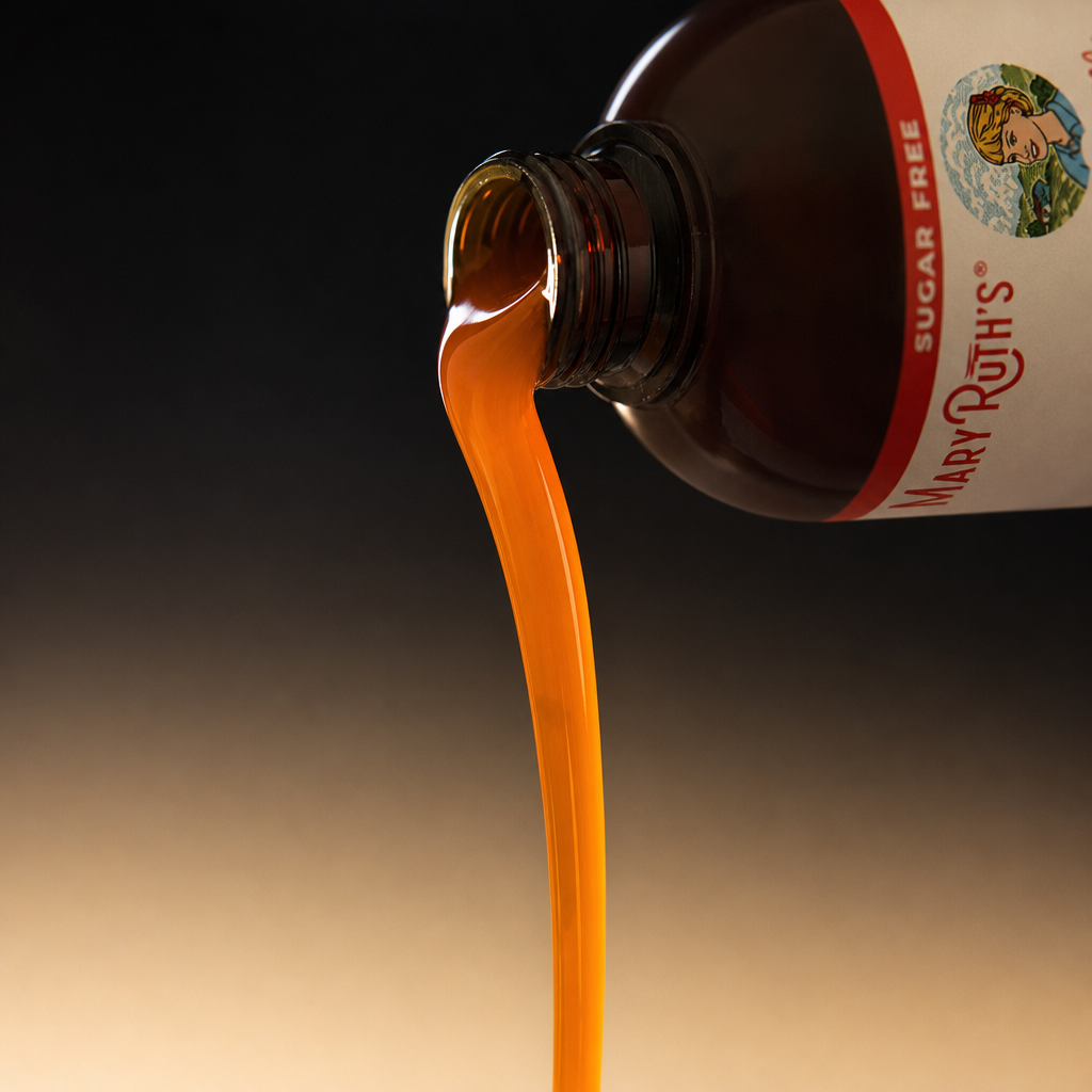 MaryRuth Peach Mango liquid formula being poured